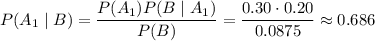 P(A_1\mid B)=\dfrac{P(A_1)P(B\mid A_1)}{P(B)}=\dfrac{0.30\cdot0.20}{0.0875}\approx0.686