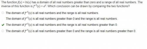 The function f(x) = ln(x) has a domain of all real numbers greater than zero and a range of all real