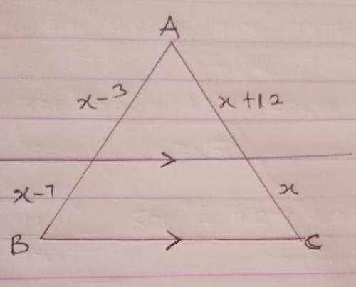 A line parallel to a triangle's side splits AB into lengths of x - 7 and x - 3. The other side, AC,