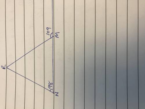 What is the measure of Angle M R N? Triangle M R N. Angle N is 98 degrees. Side N M extends to form