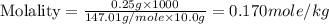 \text{Molality}=\frac{0.25g\times 1000}{147.01g/mole\times 10.0g}=0.170mole/kg