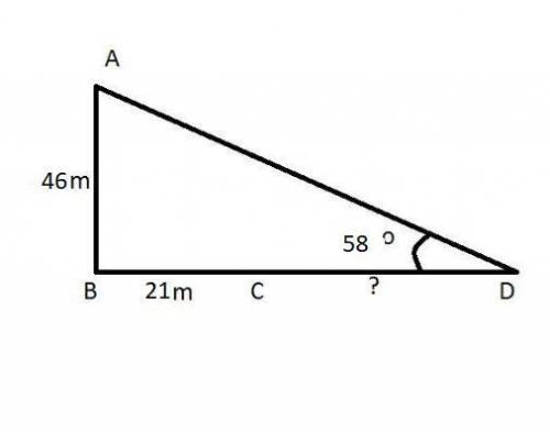 A vertical flagpole, AB,has a height of 46m. The points B, C and D lie on level ground, and BCD is a
