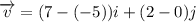 \overrightarrow{v}=(7-(-5))i+(2-0)j