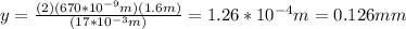 y=\frac{(2)(670*10^{-9}m)(1.6m)}{(17*10^{-3}m)}=1.26*10^{-4}m=0.126mm