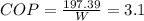 COP = \frac{197.39 }{W} = 3.1