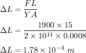 \Delta L=\dfrac{FL}{YA}\\\\\Delta L=\dfrac{1900\times 15}{2\times 10^{11}\times 0.0008}\\\\\Delta L=1.78\times 10^{-4}\ m