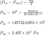 (P_{in}-P_{out}) = \frac{mg}{A} \\ \\ P_{in} -10^5 = \frac{30*9.8}{19.635*10^{-4}} \\ \\ P_{in} = 149732.6203+10^5 \\ \\ P_{in} = 2.497*10^5 \ Pa