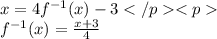x=4f^{-1}(x)-3\\f^{-1}(x)=\frac{x+3}{4}