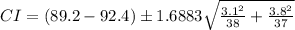 CI = (89.2 - 92.4) \pm 1.6883 \sqrt{\frac{3.1^{2} }{38} +\frac{3.8^{2} }{37} }