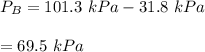 P_B = 101.3 \ kPa - 31.8 \ kPa \\ \\  = 69.5 \ kPa