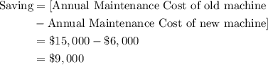 \begin{aligned}\text{Saving}&=[\text{Annual Maintenance Cost of old machine}\\&-\text{Annual Maintenance Cost of new machine}]\\&=\$15,000-\$6,000\\&=\$9,000 \end{aligned}