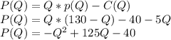 P(Q) = Q*p(Q) - C(Q)\\P(Q) = Q*(130-Q)-40-5Q\\P(Q) = -Q^2+125Q-40