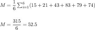 M=\dfrac{1}{6}\sum_{i=1}^6(15+21+43+83+79+74)\\\\\\ M=\dfrac{315}{6}=52.5