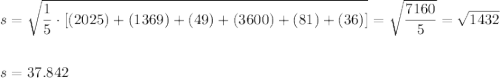s=\sqrt{\dfrac{1}{5}\cdot [(2025)+(1369)+(49)+(3600)+(81)+(36)]}=\sqrt{\dfrac{7160}{5}}=\sqrt{1432}\\\\\\s=37.842