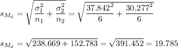 s_{M_d}=\sqrt{\dfrac{\sigma_1^2}{n_1}+\dfrac{\sigma_2^2}{n_2}}=\sqrt{\dfrac{37.842^2}{6}+\dfrac{30.277^2}{6}}\\\\\\s_{M_d}=\sqrt{238.669+152.783}=\sqrt{391.452}=19.785