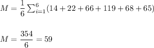 M=\dfrac{1}{6}\sum_{i=1}^6(14+22+66+119+68+65)\\\\\\ M=\dfrac{354}{6}=59