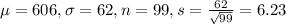 \mu = 606, \sigma = 62, n = 99, s = \frac{62}{\sqrt{99}} = 6.23