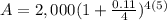 A=2,000(1+\frac{0.11}{4})^{4(5)}