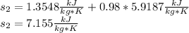 s_2=1.3548\frac{kJ}{kg*K}+0.98*5.9187\frac{kJ}{kg*K}\\s_2=7.155\frac{kJ}{kg*K}