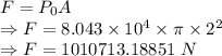 F=P_0A\\\Rightarrow F=8.043\times 10^4\times \pi\times 2^2\\\Rightarrow F=1010713.18851\ N