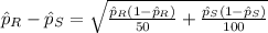 \hat p_{R} -\hat p_{S} = \sqrt{\frac{\hat p_{R}(1-\hat p_{R})}{50} + \frac{\hat p_{S}(1-\hat p_{S})}{100} }