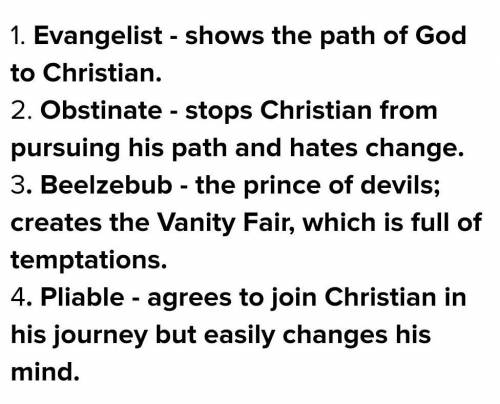 Evangelist Obstinate Beelzebub Pliable the prince of devils; creates the Vanity Fair, which is full