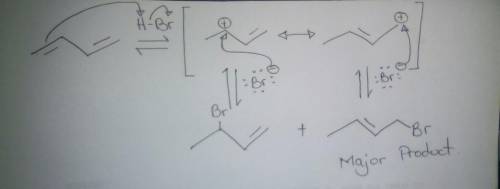 Draw the major product expected when 1,3-butadiene is treated with one equivalent of HBr at 40ºC and