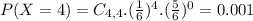P(X = 4) = C_{4,4}.(\frac{1}{6})^{4}.(\frac{5}{6})^{0} = 0.001