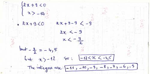 List all the integers that satisfy this inequality 2+9<0 x>-12 Put the answers on one line