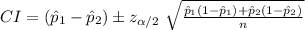 CI=(\hat p_{1}-\hat p_{2})\pm z_{\alpha/2}\ \sqrt{\frac{\hat p_{1}(1-\hat p_{1})+\hat p_{2}(1-\hat p_{2})}{n}}
