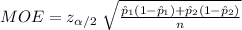 MOE= z_{\alpha/2}\ \sqrt{\frac{\hat p_{1}(1-\hat p_{1})+\hat p_{2}(1-\hat p_{2})}{n}}