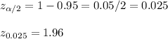 z_{\alpha/2} = 1 - 0.95 = 0.05/2 = 0.025\\\\z_{0.025} = 1.96