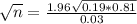 \sqrt{n} = \frac{1.96\sqrt{0.19*0.81}}{0.03}