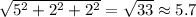 \sqrt{5^2 + 2^2 + 2^2} = \sqrt{33}  \approx 5.7