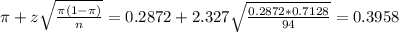 \pi + z\sqrt{\frac{\pi(1-\pi)}{n}} = 0.2872 + 2.327\sqrt{\frac{0.2872*0.7128}{94}} = 0.3958