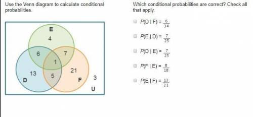 Which conditional probabilities are correct? Check all that apply. P( DF) = 6 34 P(ED) = 7 25 P( DE)