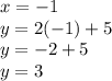 x=-1\\y=2(-1)+5\\y=-2+5\\y=3
