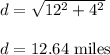 d=\sqrt{12^2+4^2} \\\\d=12.64\ \text{miles}