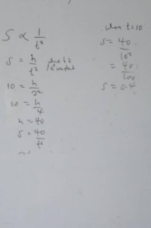If s varies inversely ast^2, and s = 10 when t=2, find s when t is 10.