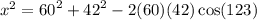 {x}^{2}  =  {60}^{2}  +  {42}^{2}  - 2(60)(42) \cos(123)