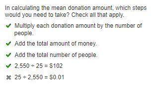 In calculating the mean donation amount, which steps would you need to take? Check all that apply.A)