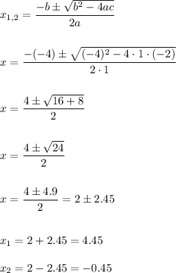 x_{1,2}=\dfrac{-b\pm\sqrt{b^2-4ac}}{2a}\\\\\\x=\dfrac{-(-4)\pm\sqrt{(-4)^2-4\cdot 1\cdot(-2)}}{2\cdot 1}\\\\\\x=\dfrac{4\pm\sqrt{16+8}}{2}\\\\\\x=\dfrac{4\pm\sqrt{24}}{2}\\\\\\x=\dfrac{4\pm4.9}{2}=2\pm2.45\\\\\\x_1=2+2.45=4.45\\\\x_2=2-2.45=-0.45