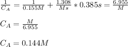 \frac{1}{C_A}= \frac{1}{0.155M}+\frac{1.308}{Ms} *0.385s=\frac{6.955}{M}\\ \\C_A=\frac{M}{6.955} \\\\C_A=0.144M