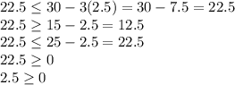 22.5\leq 30-3(2.5)=30-7.5=22.5\\22.5\geq 15-2.5=12.5\\22.5\leq 25-2.5=22.5\\22.5\geq 0\\2.5\geq 0\\