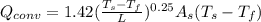 Q_{conv} = 1.42(\frac{T_{s} - T_{f} }{L})^{0.25} A_{s} (T_{s} - T_{f} )