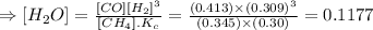 \Rightarrow [H_{2}O]=\frac{[CO][H_{2}]^{3}}{[CH_{4}].K_{c}}=\frac{(0.413)\times (0.309)^{3}}{(0.345)\times (0.30)}= 0.1177
