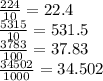 \frac{224}{10}=22.4\\ \frac{5315}{10}=531.5\\\frac{3783}{100}=37.83\\ \frac{34502}{1000}=34.502