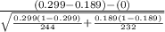 \frac{(0.299-0.189)-(0)}{\sqrt{\frac{0.299(1-0.299)}{244} +\frac{0.189(1-0.189)}{232}} }