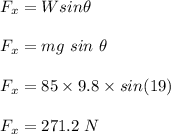 F_x = Wsin\theta\\\\F_x = mg \ sin \ \theta \\\\F_x = 85 \times 9.8 \times sin(19) \\\\F_ x  = 271 .2 \ N