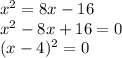 x^2=8x-16\\x^2-8x+16=0\\(x-4)^2=0
